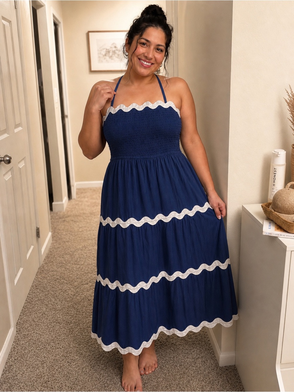 Navy Blue Tiered Maxi Dress with White Trim
